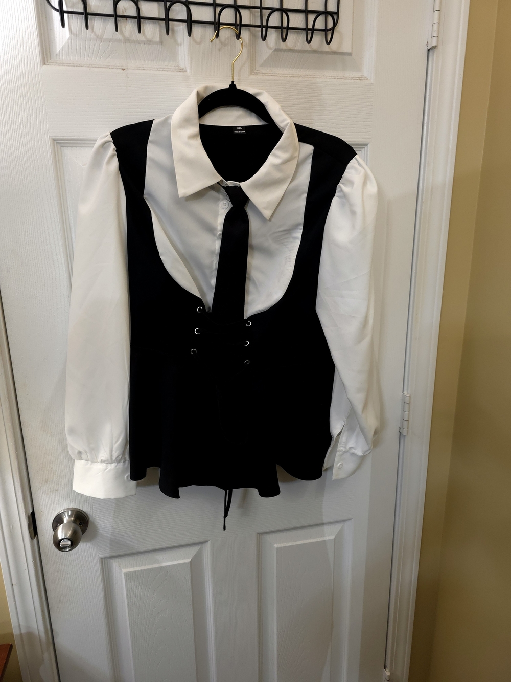SHEIN 0XL Black & White Layered Corset Tie Preppy Blouse